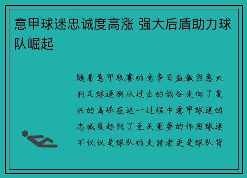 意甲球迷忠诚度高涨 强大后盾助力球队崛起