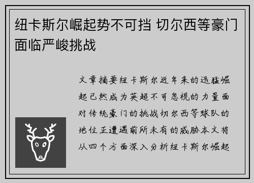 纽卡斯尔崛起势不可挡 切尔西等豪门面临严峻挑战