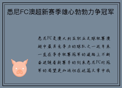 悉尼FC澳超新赛季雄心勃勃力争冠军